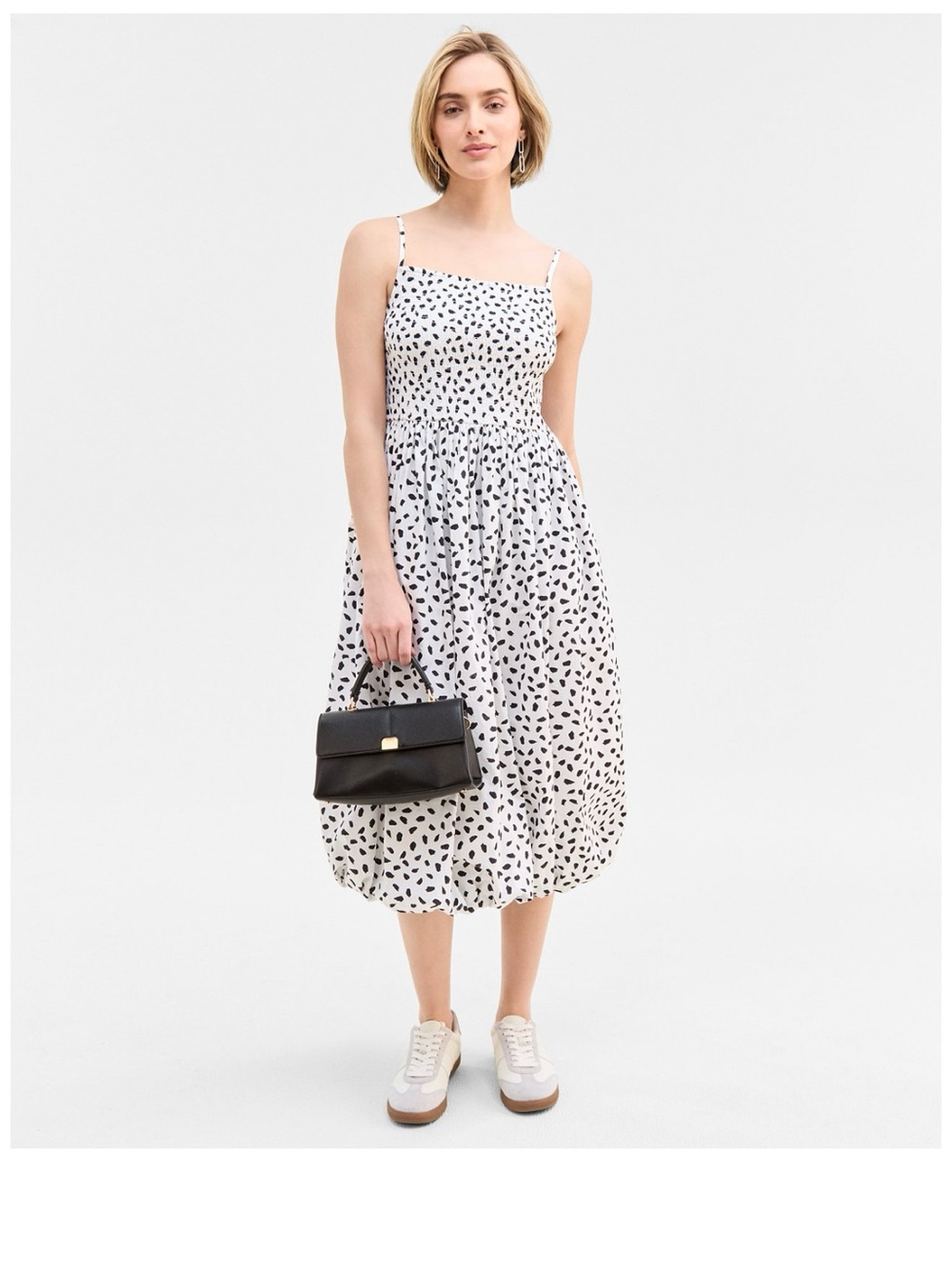 Smocked Bodice White Polka-Spot Midi Dress